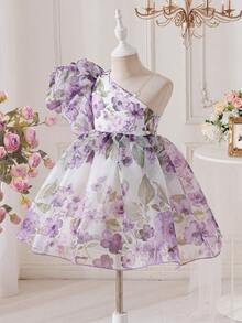 SHEIN 小女孩碎花短袖公主裙，新款蓬蓬裙派对礼服 - 紫色 - 查看 6