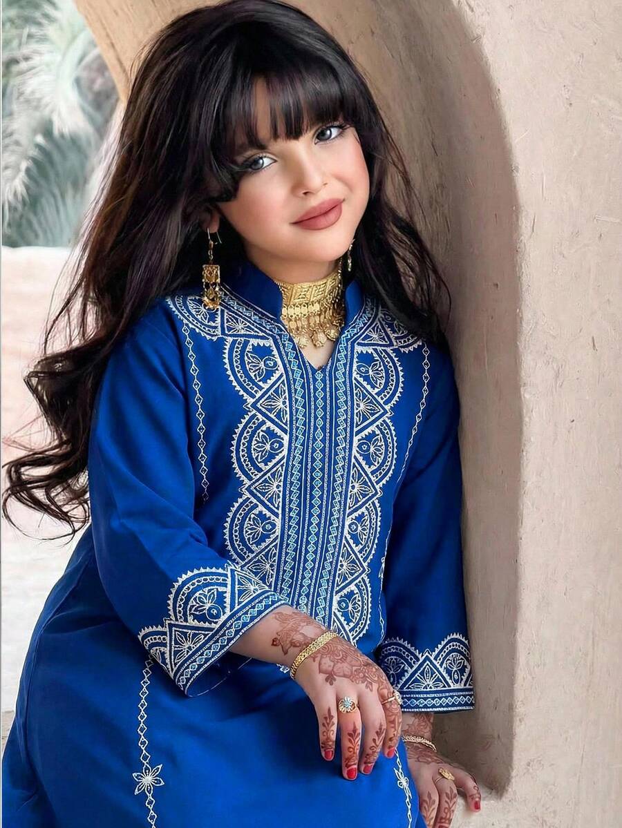 SHEIN Áo choàng dáng chữ A rộng rãi, tay lửng 3/4, xẻ tà, in họa tiết, dành cho bé gái tuổi teen, màu xanh dương và xanh lá cây. - Xanh đậm - Xem 1