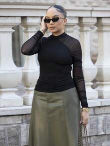 Melissa Matos Spring And Summer Small Turtleneck Mesh Sleeve Black Tight Long-Sleeved Top - Black - View 4