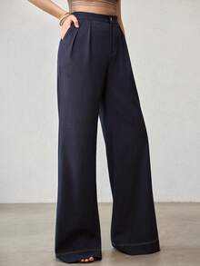 MOTF PREMIUM 纯色高腰褶裥阔腿裤 - 深色水洗藍 - 查看 6