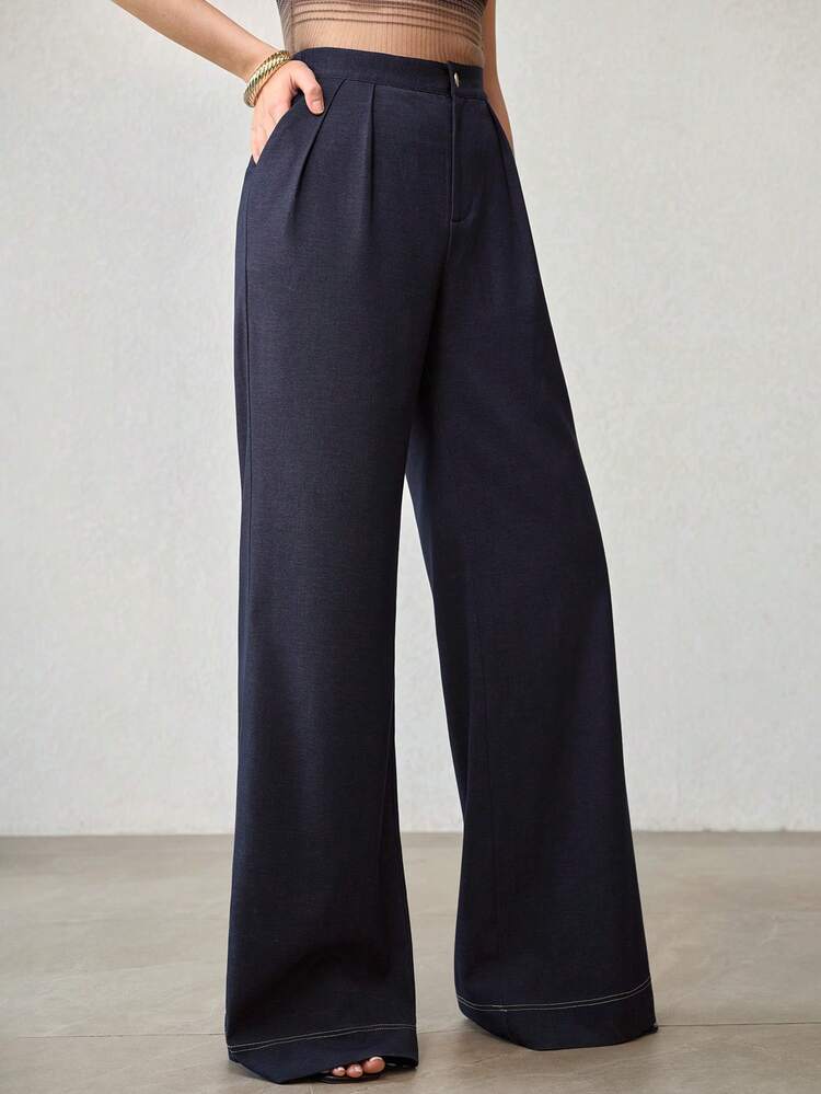SOLID HIGH WAIST FOLD PLEATED WIDE LEG PANTS
