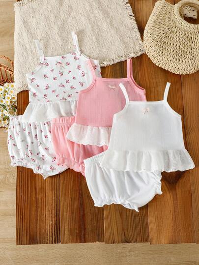 SHEIN 3pcs Baby Girls' Sweet Knit Jacquard Floral Pattern Camisole Top And Ruffle Shorts Set, Suitable For Vacation And Casual Daily Wear