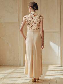 Anewsta 女士优雅中长款鱼尾裙连衣裙，刺绣拼接缎面连衣裙，适合节日、音乐会等场合 - 杏色 - 查看 2