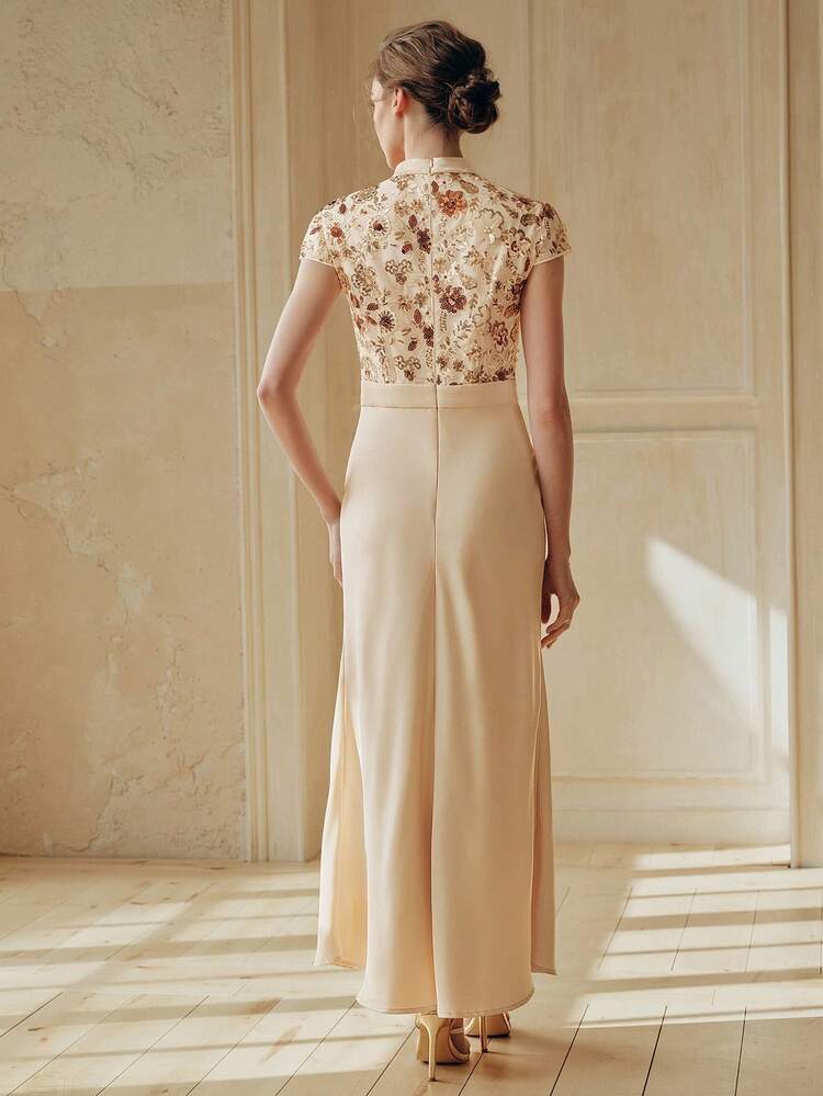 Women's Elegant Mid-Length Mermaid Skirt Dress, Embroidered Fabric Patchwork Satin Dress, Suitable For Festivals, Concerts Floral Applique Dress Brocade Jacquard Dress