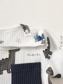 SHEIN 新生男宝宝白色条纹卡通恐龙图案拼接绿色口袋短袖上衣配绿色裤子两件套可爱休闲运动时尚新品 - 藏蓝色 - 查看 7