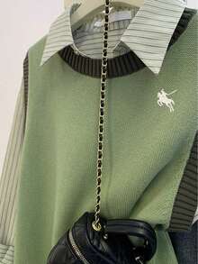 Franclia 女士休闲针织背心，饰有骑士刺绣，秋冬款 - 彩色 - 查看 4