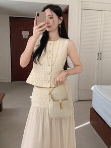 DAZY 女士纹理无袖背心和长裙两件套休闲度假套装家居服套装 - 杏色 - 查看 2