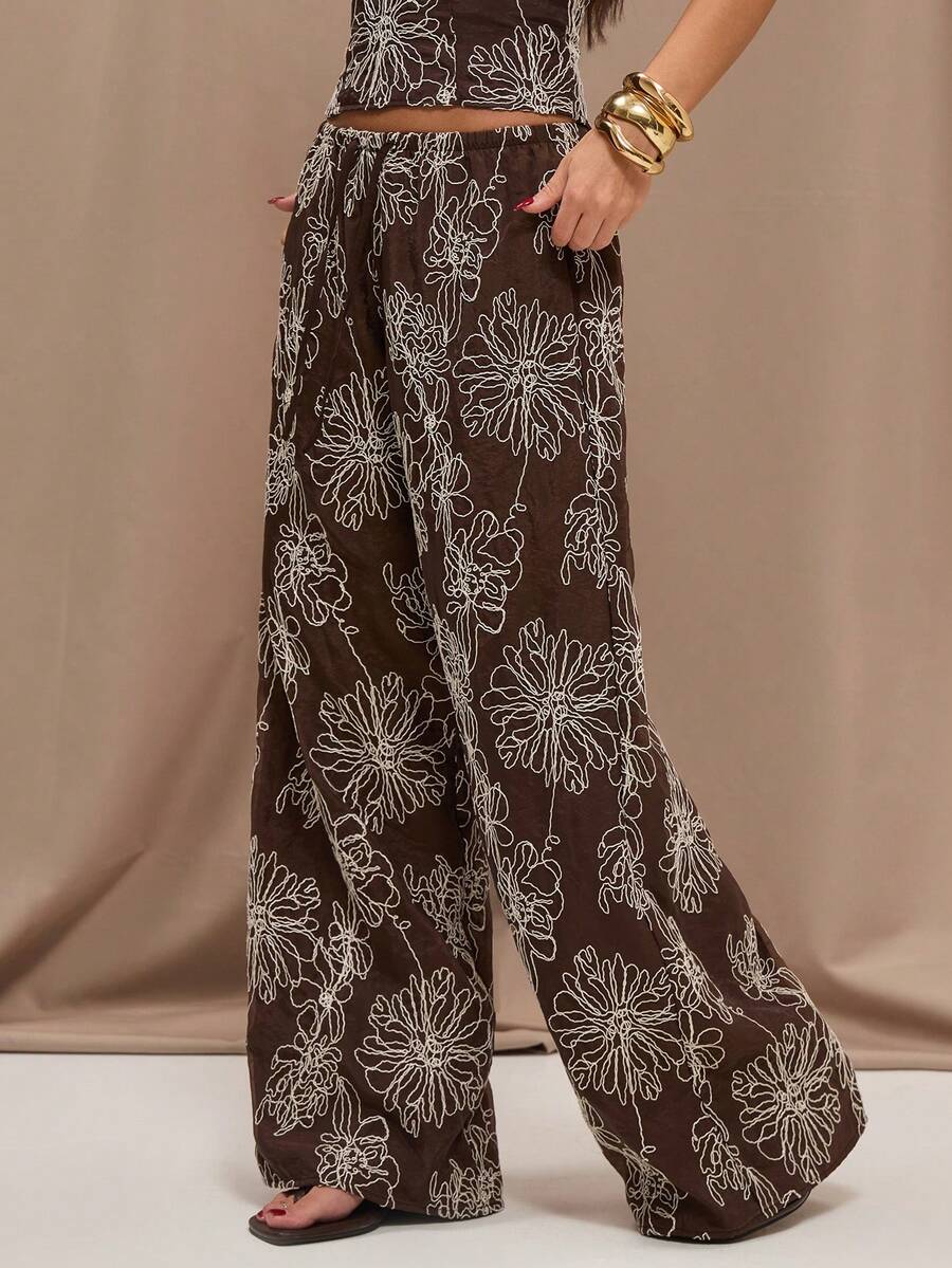 SHEIN BAE Women's Casual Vacation Style Floral Print Low Waist Loose Wide Leg Pants - Brown - View 1