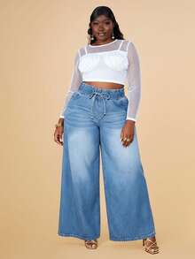 CurvyTilda Jeans mit Papiertüten, Tunnelzug, breitem Beinschnitt - Helle Waschung - Übersicht 4