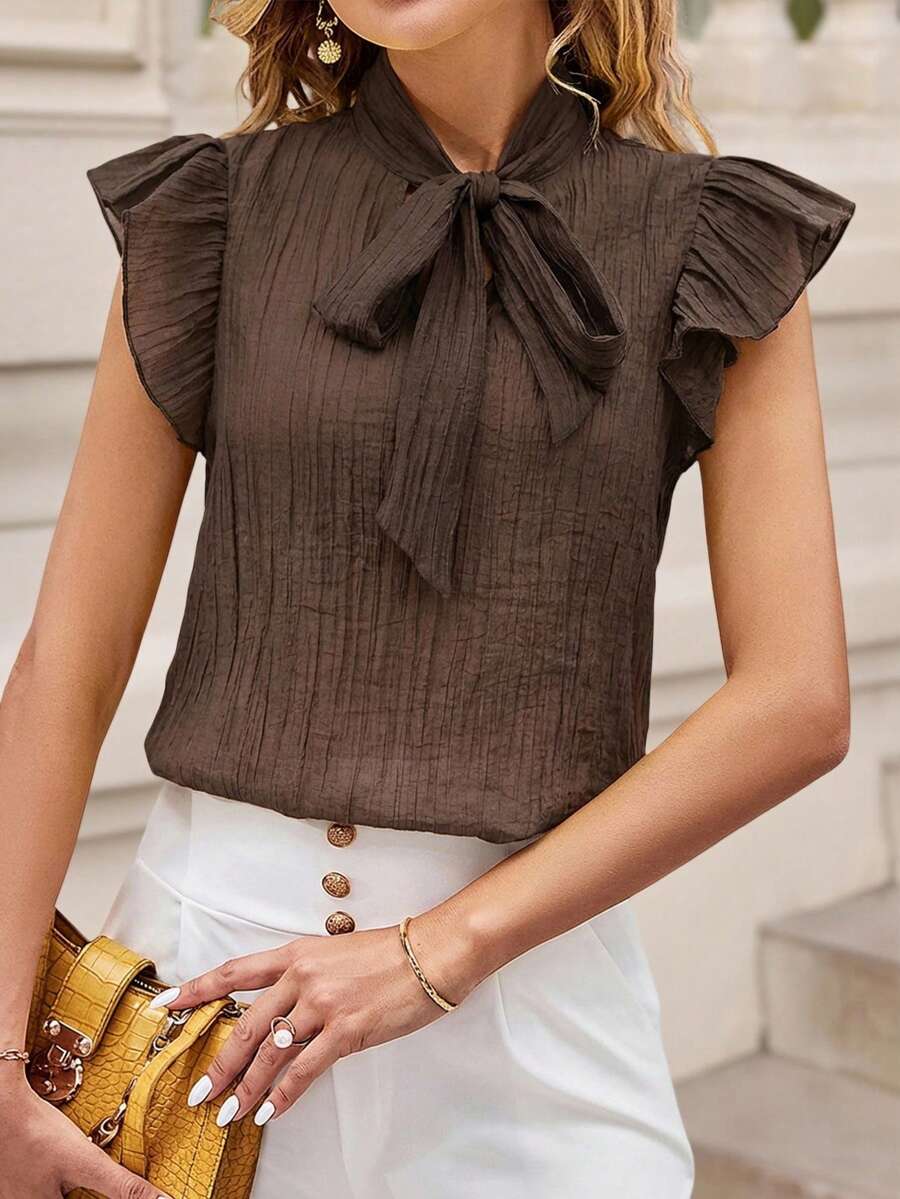 Editum 女士蝴蝶结短袖衬衫 春夏上衣 情人节春夏 - 棕色 - 查看 1