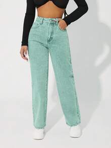 SHEIN PETITE High Waist Slant Pocket Casual Versatile Denim Jeans - Green - View 4