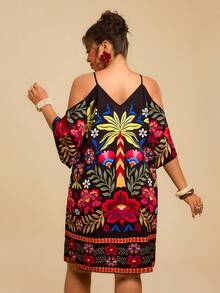 SHEIN VCAY Abito casual da vacanza con stampa floreale tropicale e design traforato, taglie comode - Multicolore - Visualizzare 2