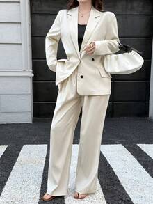 K-Vae Women's Loose Suit Set, Casual Draping Wide-Leg Pants Two Pieces Set, Gentle Elegant Commuting Outfit, Early Autumn - Apricot - View 3