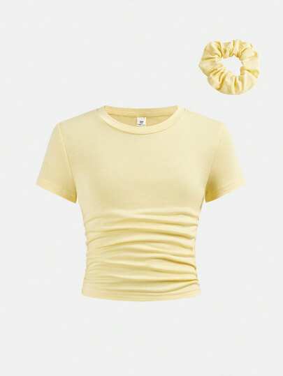 SHEIN Girlism Tween Girls' Fitted Casual Crew Neck Short Sleeve T-Shirt With Side Ruching & Hair Scrunchie