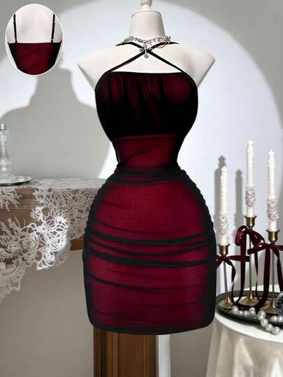 Franclia 女士性感吊带褶皱装饰腰部拼接网纱撞色紧身连衣裙