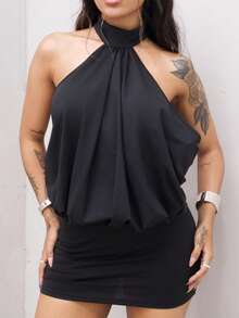 Rayane Ketlyn High Neck Backless Ruffle Mini Bodycon Dress - Black - View 3