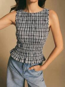 Poéselle Women's Casual Everyday Plaid Print Tank Top - Black and White - View 1