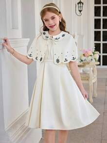 SHEIN Đầm công chúa không tay xếp ly eo, màu trơn thanh lịch dành cho bé gái, họa tiết in nổi, viền bèo nhún, kiểu dáng sang trọng. - Màu Khaki - Xem 8