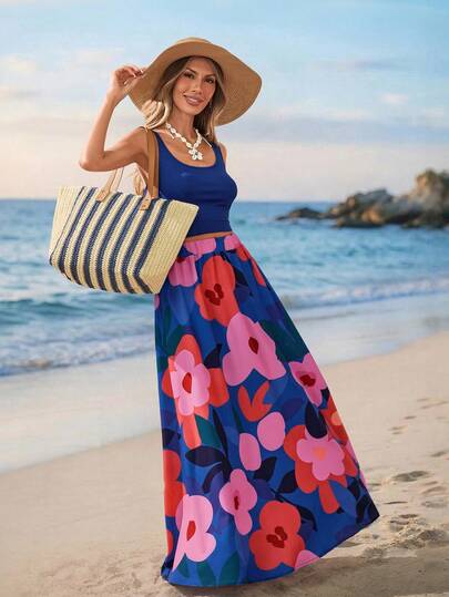 Sylviya 2pcs/Set Women Casual Floral Print Sleeveless Top And Mini Skirt Set,Vacation Summer Clothes Vacation Outfits Women Casual Sets For Women Vacation Outfits Women Beach Vacation Outfits Woman Vacation Two Piece Set Tropical Vacation Outfits