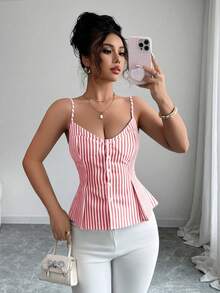 Elenzga Women's Cotton Striped Buttoned Pleated Elastic Camisole, Bohemian Style For Spring/Summer Vacation - Red - View 6