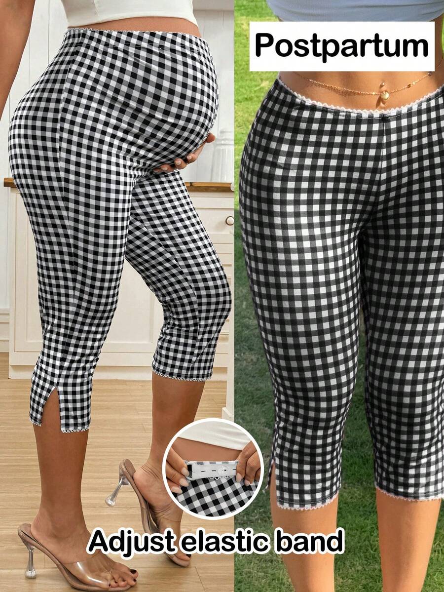 SHEIN Maternity Clothes Maternity Bottoms Casual Summer Adjustable Waistband, Lace Trim At The Waistband, Black And White Checkered Maternity Leggings With A Three-Quarter Length Split. Checkered Pattern. - Black and White - View 1