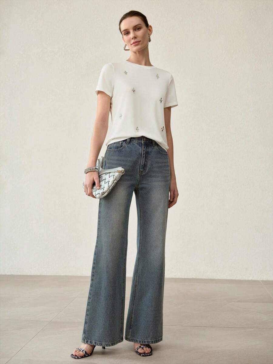 MOTF PREMIUM WOMEN'S RHINESTONE EMBELLISHED ROUND NECK SHORT SLEEVE T-SHIRT - White - View 1