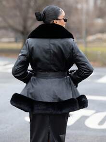 Melissa Matos 女有領和腰帶格紋拼布大衣 - 黑色 - 查看 2