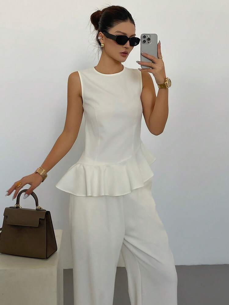 2pcs Women's Spring Elegant Commuter White Round Neck Ruffle Hem Top And Casual Pants Set