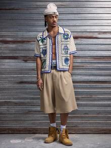 AXEPEAK Men's Vacation Palm Tree Pattern Hollow Out Short Sleeve Knit Cardigan - Multicolor - View 7