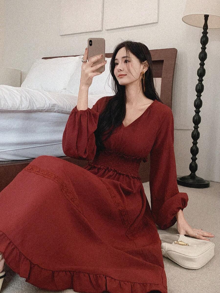 DAZY 女士V领收腰长袖优雅连衣裙 - 紅木色 - 查看 1