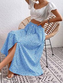 Breezaya 女士碎花弹力腰纽扣设计休闲中长裙 - 藍白色 - 查看 4