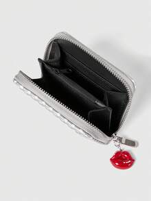 Betty Boop | ROMWE Ví đựng tiền xu tối giản có khóa kéo, chất liệu giả da màu bạc, họa tiết chấm bi hình môi, thích hợp cho nữ. - Bạc - Xem 5