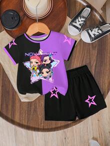 2件套KPOP女团图案数码印花T恤，女童数码印花短袖上衣和短裤套装，时尚休闲韩版风格，适合所有季节女童穿着 - 彩色 - 查看 5