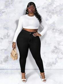 CurvyTilda 高腰紧身七分牛仔裤 - 黑色 - 查看 1