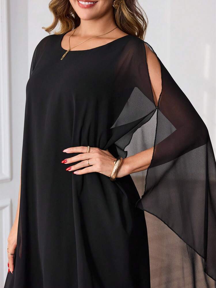 Elegant Black Chiffon Midi Dress For Women,Sheer Asymmetrical Cape Sleeve Loose Fit,Autumn Dinner Wedding Guest Party Prom Formal Graduation Outfit