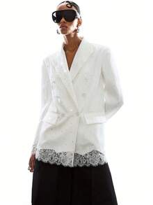 LYSMO 女士纯色蕾丝拼接双排扣优雅长袖西装外套 - 白色 - 查看 4