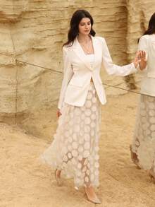 Modelyn Elegant Fashion Long Sleeve Blazer Jacket Paired With 3D Polka Dot Embroidered Skirt Suit Set - Apricot - View 6