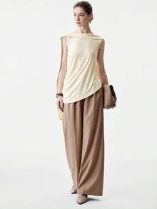 Selianne Women's Fashion Sleeveless Asymmetric Draped Side Shoulder Ribbon Thick Strap Deep V Design Vintage Elegant Casual Commute Tank Top, Spring/Summer - Apricot - View 7