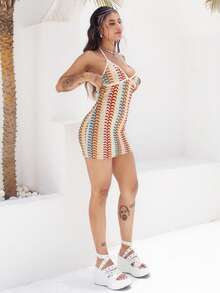Rayane Ketlyn Women's Colorful Jacquard Knitted Contrast Color Ribbed Edge Halter Backless Deep V-Neck Mini Beach Dress,Boho Clothes Women - Multicolor - View 6