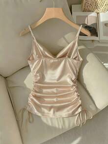 Franclia 纯色缎面垂领珍珠抽绳修身女式吊带背心，夏季假日，情人节，派对上衣，优雅女式上衣，度假，闪亮上衣，优雅女式吊带背心，嘉年华，沙滩装，度假，无袖上衣。 - 杏色 - 查看 2