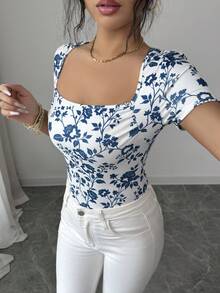 Elenzga Women's Summer New Casual Vacation Blue Ditsy Floral Bodysuit - Blue and White - View 3