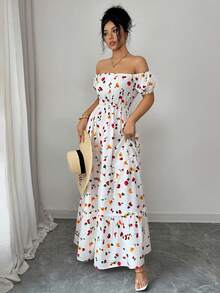 SHEIN Elenzya 休闲舒适、魅力十足、复古优雅的女士温柔浪漫度假风泡泡袖可转换连衣裙，收腰A字下摆印花连衣裙，适合夏季日常通勤和旅行穿着。 - 彩色 - 查看 4