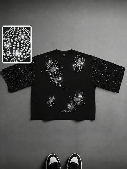 ROMWE MEN Men's Sparkling Diamond Spider Graphic 3/4 Sleeve T-Shirt