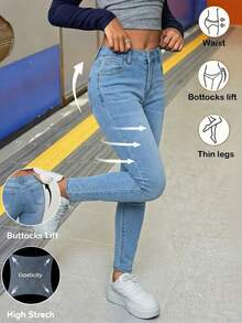 SHEIN Jeans casuales ajustados de unicolor para niñas preadolescentes - Lavado ligero - Ver 6