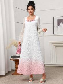 Yasmyna 女士优雅阿拉伯风雪纺连衣裙，采用纹理渐变拼接设计，长袖，立领，A字廓形，春夏款 - 彩色 - 查看 7