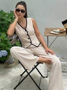 Reset Phase Teen Girl Contrast Trim V-Neck Button Front Sleeveless Jacket And Elastic Waist Pants Set - Apricot - View 8