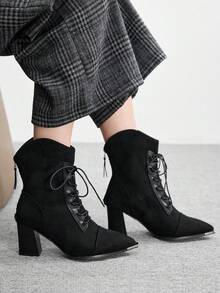 CUCCOO BIZCHIC Women's Fashion Versatile Lace-Up Chunky High Heel Ankle Boots Valentine's Day - Black - View 5