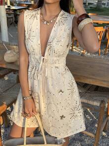 Serisse Women's Embroidered Mini Dress – Deep V‑Neck Tie‑Waist Sleeveless Summer Dress Women's Sequin Design Deep V-Neck Tie Front Sleeveless Sexy Fashion Mini Dress,Summer ,Spring,Valentine's Day,Party,Wedding,Ceremony,Elegant ,Vacation,Casual, Formal, - Apricot - View 3