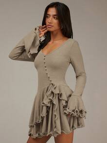 Athîral Women's Casual Ruffled Mini Dress - Khaki - View 5