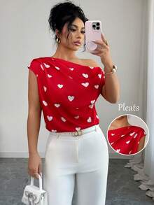 Rafferiza Women's Chic Red Heart Print Off-The-Shoulder Short-Sleeved Blouse,Summer Red And White Gathered Top For Party,Vacation,Valentine's Day & Casual Wear - Red - View 1
